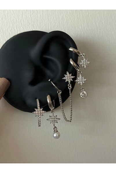 h&b design jewel Çelik Silver Kutup Yıldızlı 6 Lı Küpe Seti