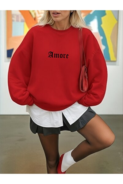 ArtYus Unisex Long Sleeve Amore Transfer Printed Plus Size Crew Neck Sweatshirt