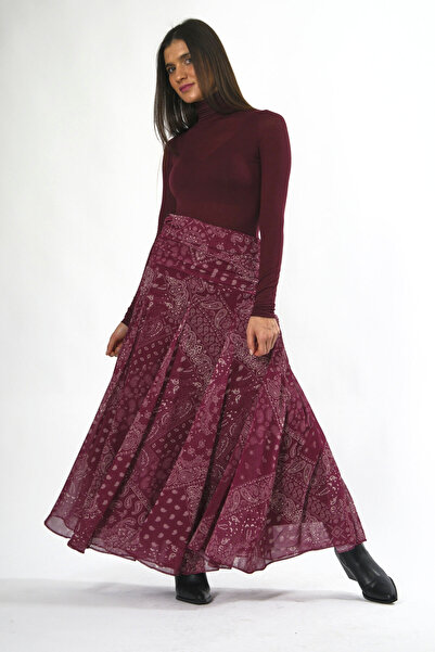 ABBRA Women's Waist Detailed Shawl Pattern Lined Chiffon Skirt