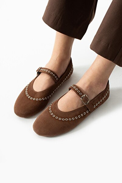 dabab shoes Lùnary Brown Round Toe Bird's Eye Detailed Buckle Mary Jane Ballet Flat Shoes