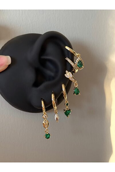 h&b design jewel Çelik Gold Yeşil Taşlı 6 Lı Küpe Seti