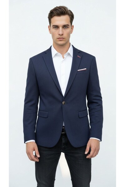 Plus Scorpion Navy Blue Men's Slim Fit Single Button Blazer Jacket – Stylish Textured Fabric, Lined, Casual and Office Combination