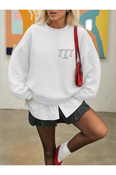 ArtYus Unisex Long Sleeve 777 Luck Transfer Printed Oversized Crew Neck Sweatshirt