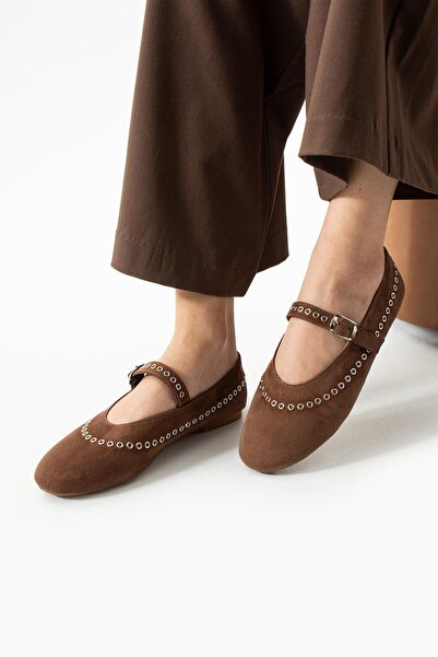 dabab shoes Lùnary Brown Round Toe Bird's Eye Detailed Buckle Mary Jane Ballet Flat Shoes