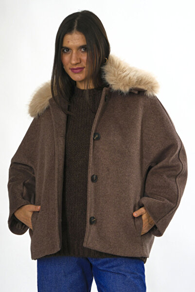 ABBRA Γυναικείο παλτό με αφαιρούμενο γούνινο γιακά