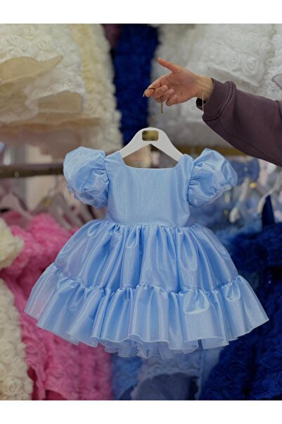 Hly Karol Tasarım Blue Balloon Sleeve Special Occasion Dress,Birthday Dress,Photography Shoot Dress,Suitable for 0-12 Years Old