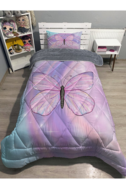 yok yok evim eve dair her şey Welsoft Fluffy Double-Sided Degrade Butterfly Patterned Single Quilt Sleeping Set
