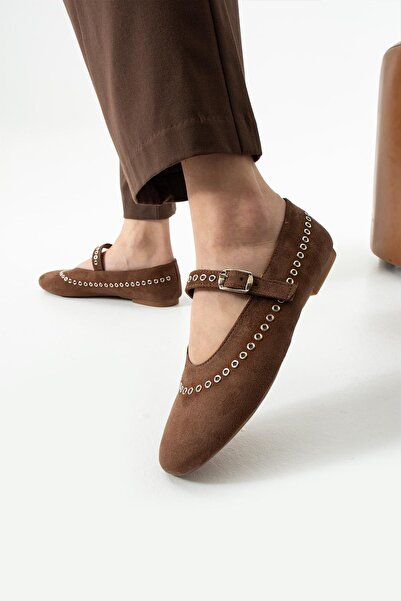 dabab shoes Lùnary Brown Round Toe Bird's Eye Detailed Buckle Mary Jane Ballet Flat Shoes