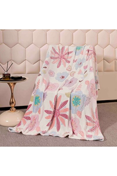 JOJO HOME Thin cocolino blanket, 200x230cm, plush microfiber, Pink flowers