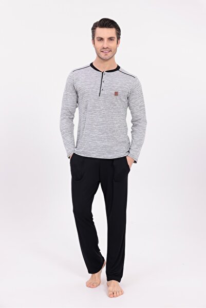 BLACKMORE Men's Grey Jacquard Winter Long Sleeve Cotton Pajama Set