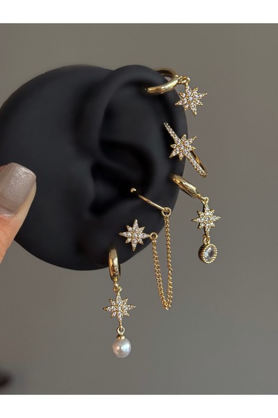 h&b design jewel Çelik Gold Kutup Yıldızlı 6 Lı Küpe Seti