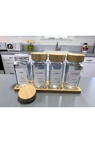 Flash Bazaar 4-Piece Square Glass Spice Jar Set with Bamboo Lids / 4 Pieces with Labels and Stand as Gift / 4-Piece Spice Set