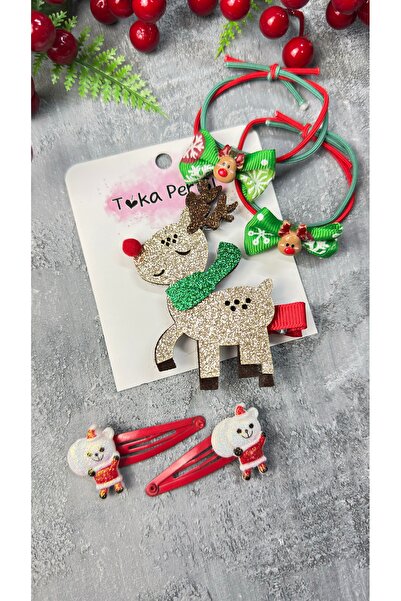 Toka Perisi Geyik Yılbaşı Çocuk Toka Seti ( 2 adet lastik toka 2 çıtçıt 1 kli...