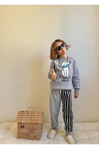 RAPAPA Boy's Printed 3 Thread Ş Fleece-Lined Tracksuit Set – Striped Bottom Design 4129g