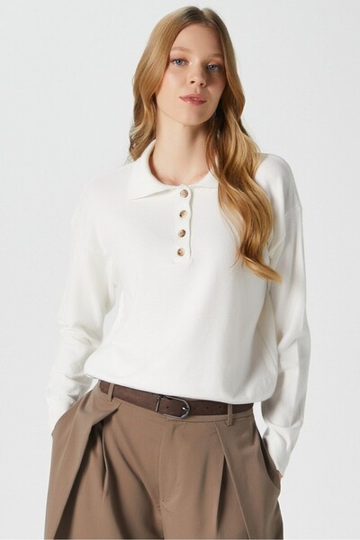 Ritnice Women's Lily Premium Yarn Polo Neck Ecru Knitwear Sweater