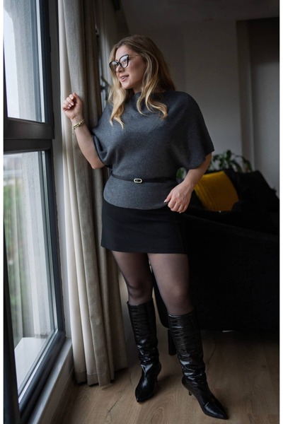 Serpirella Butik Boat Neck Batwing Sleeve Belted Knit Sweater