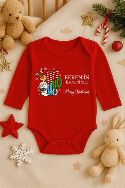 MODA İsime Kişiye Özel Yılbaşı Noel Baskılı Pamuklu Uzun Kollu Çıtçıtlı Bebek...