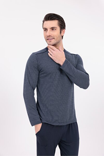 BLACKMORE Men's Navy Blue Jacquard Winter Long Sleeve Cotton Men's Pajama Set