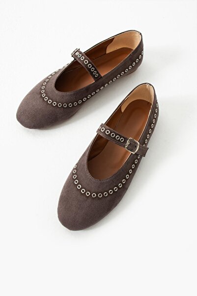 dabab shoes Lùnary Bitter Brown Round Toe Bird's Eye Detailed Buckle Mary Jane Ballet Flat Shoes