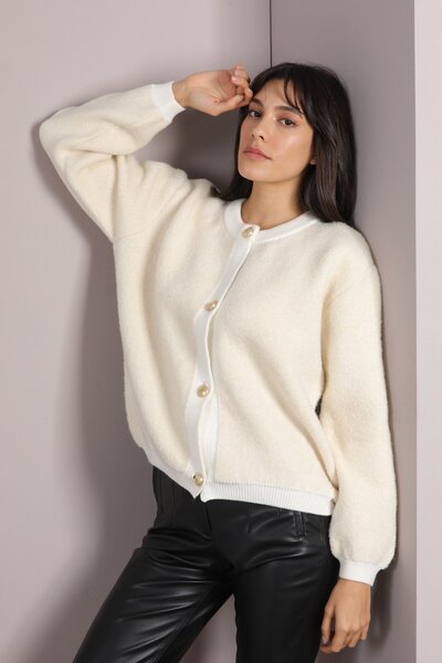 Ferraro كارديجان نسائي منسوج بياقة مستديرة وأزرار بلون الكريم