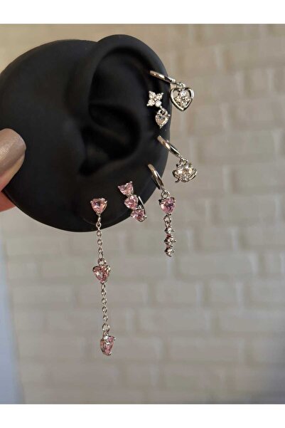 h&b design jewel Çelik Silver Kalpli 6 Lı Küpe Seti