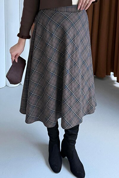 Modaensarbutik Ekose Desenli Verev Etek-KAHVERENGİ