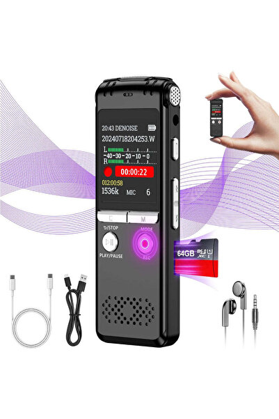 Velixo Επαγγελματική συσκευή εγγραφής φωνής, οθόνη 1,44", 64GB, MP3/WAV, μείωση θορύβου, ενεργοποίηση φωνής, USB-C