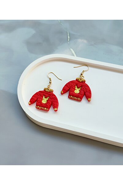 Atölye Myth Golden Reindeer Cozy Sweater Kırmızı Kazak Yılbaşı Küpe - Yılbaşı, Hediye, Yeniyıl