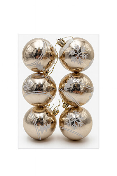 OEM Set of 6 Golden Globes 8 cm with Snowflakes and Fir Trees, Christmas Tree Ornaments