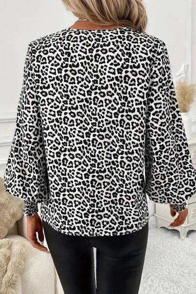 Mossta V-Neck Elastic Cuffed Balloon Sleeve Single Jersey Blouse - Leopard