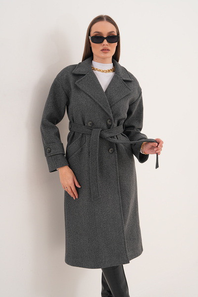 Pinpery Women's Anthracite Belted Lined Long Button Detailed Cashmere Coat