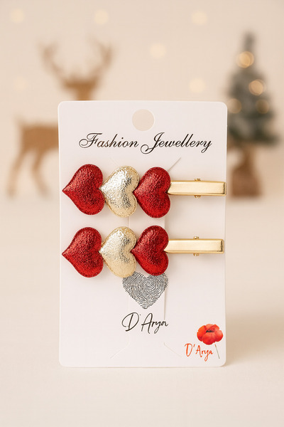 Darya Dd644 Red-Gold Triple Heart Model Hair Clip Set (Set of 2)