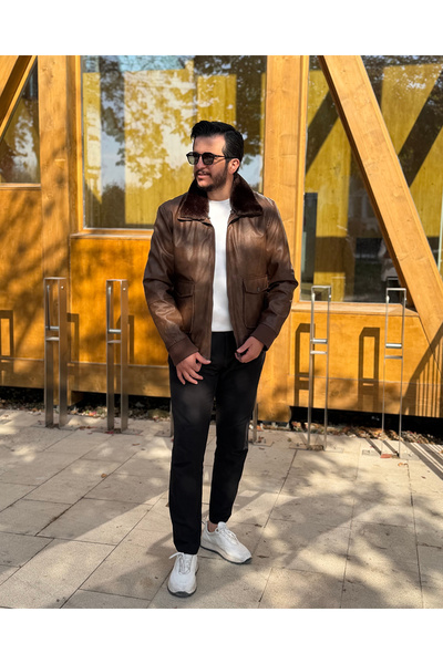 Avni Ceylan Fur Collar Modern Men's Leather Coat