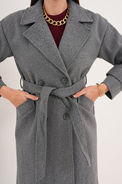 Pinpery Women's Gray Belted Lined Long Button Detailed Cashmere Coat
