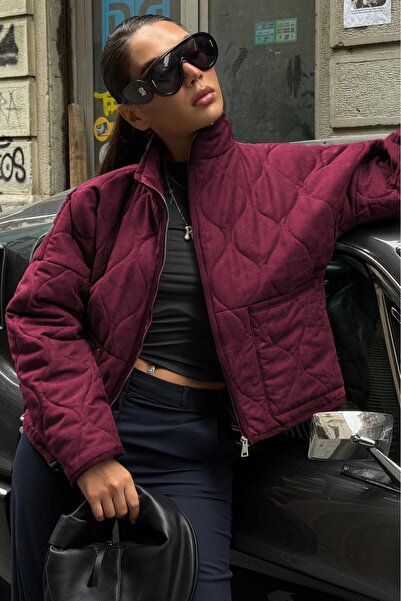 ELBA STİL Claret Red Mock Neck Quilted Women's Coat Mg2568