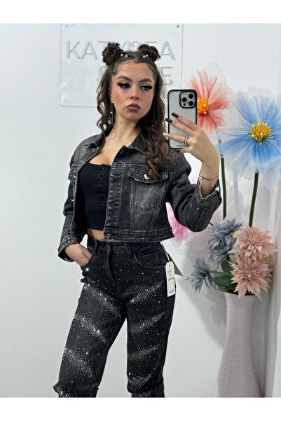 KATYDEA STORE Jeans Baggy Fit grey with rhinestone studs Tamarra