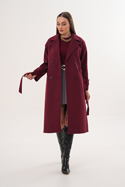 Pinpery Palton de damă, bordeaux, căptușit, lung, cu nasturi, cu detalii brodate