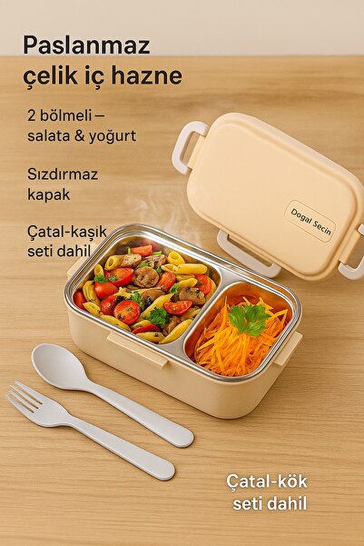 Sowo Home Çelik Beslenme Kabı 2 Bölmeli, Çatal Kaşıklı ,Hava Kilitli, Mikrodalgada Kullanılabilir, BPA'sız