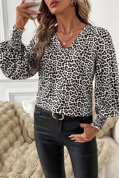Mossta V-Neck Elastic Cuffed Balloon Sleeve Single Jersey Blouse - Leopard