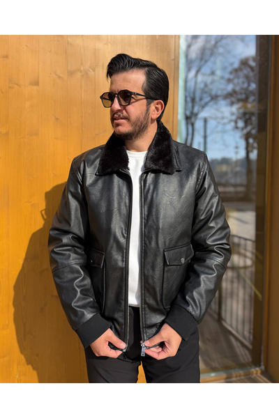 Avni Ceylan Fur Collar Modern Men's Leather Coat