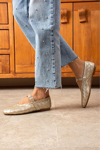 dabab shoes Lévana Women's Gold Knitted Textured Buckle Round Toe Mary Jane Ballet Flat Shoes