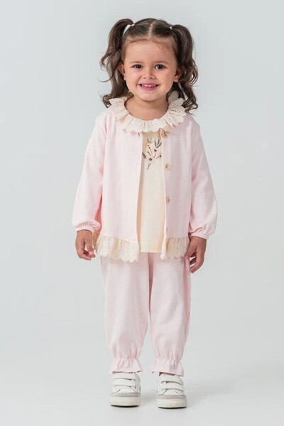 MİNİBORN 3-Piece Baby Girl Set with Lace Collar Detail