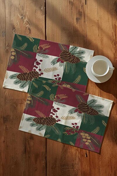Queen Jera 2-Piece New Year's American Tablecloth – 30X45 cm Burgundy-Green Block Patterned Pine Branch 2-Piece Fabric Set