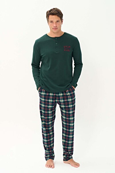 REMSA Ανδρικό σετ πιτζάμες με μακρυμάνικο χτενισμένο βαμβάκι 2250 Bitter Green