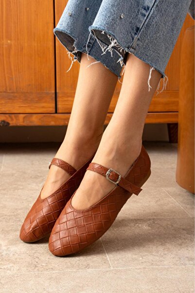 dabab shoes Lévana Women's Tan Knitted Textured Buckle Round Toe Mary Jane Ballet Flat Shoes