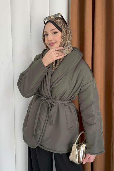 Modaensarbutik Düz Kuşaklı Cepli Şişme Mont-HAKİ YEŞİL