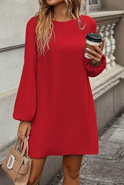 Mossta Minimalist Crew Neck Straight Cut Mini Imported Crepe Dress - Red