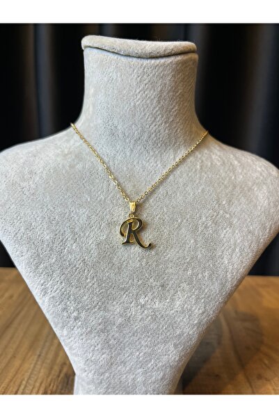 Mos Tespih Letter R Lacquer Coated Gold Tarnish-Free Chain Necklace