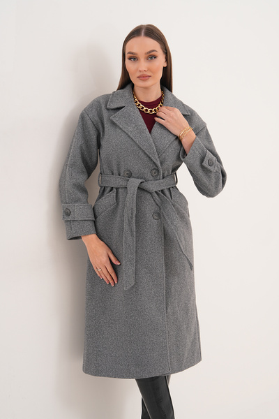 Pinpery Women's Gray Belted Lined Long Button Detailed Cashmere Coat