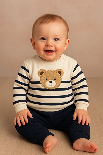AKİ MODA KİDS Baby Boy Teddy Bear Head Printed Tracksuit Baby Suit